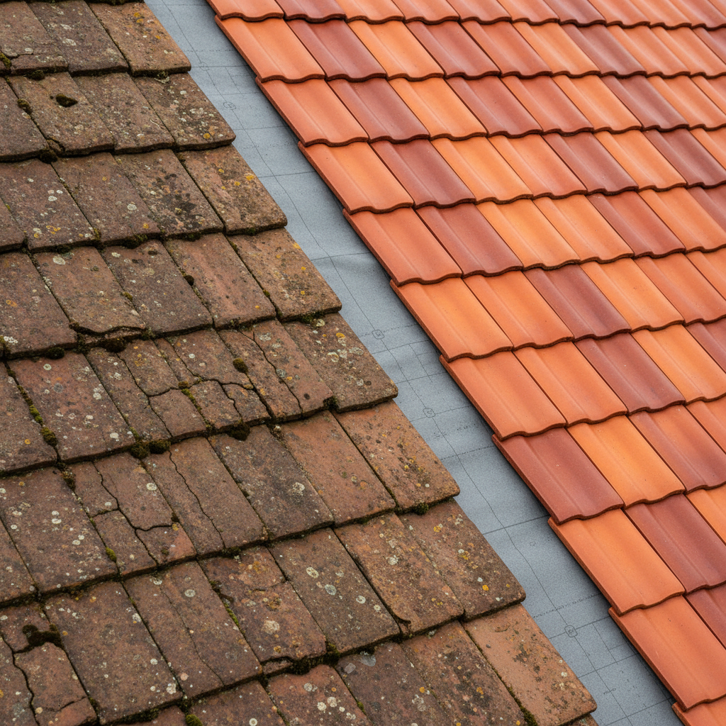 A dramatic close-up of a roof undergoing renovation, with half of the surface showing old, weathered, moss-covered terracotta tiles and the other half displaying newly installed, perfectly clean tiles in rich orange and red hues. Between the two, a precise line of modern waterproof underlayment is visible, emphasizing the transformation. The old section shows cracked edges and faded color, while the new section appears smooth and flawless. Overcast yet bright daylight provides even, diffused lighting, enhancing the contrast in texture and color without harsh shadows. Captured from an eye-level angle running along the slope of the roof, with strong emphasis on detail and texture in photographic realism. The overall atmosphere communicates before-and-after renovation, durability, and the value of professional intervention.