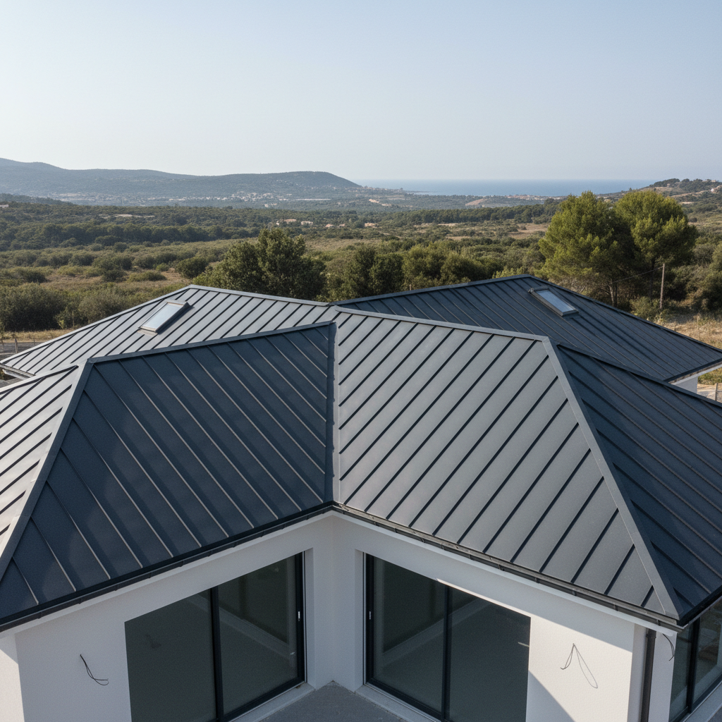 A panoramic view of a newly constructed, modern house roof combining flat anthracite slate tiles and sleek zinc cladding, showcasing expert coverage and impeccable waterproofing. The dark roof contrasts elegantly with the white façade and large glass openings of the building. In the distance, the soft blue of the Mediterranean sky and hints of coastal hills suggest the Hérault region. Bright but slightly diffused midday sunlight reflects gently off the zinc, creating crisp lines and controlled shadows along the ridges and edges. Shot from a slightly elevated drone-like perspective for full coverage of the roof surface, with sharp focus from front to back. The mood is professional and contemporary, highlighting technical know-how and the use of high-quality materials, rendered in realistic, high-resolution photographic style.
