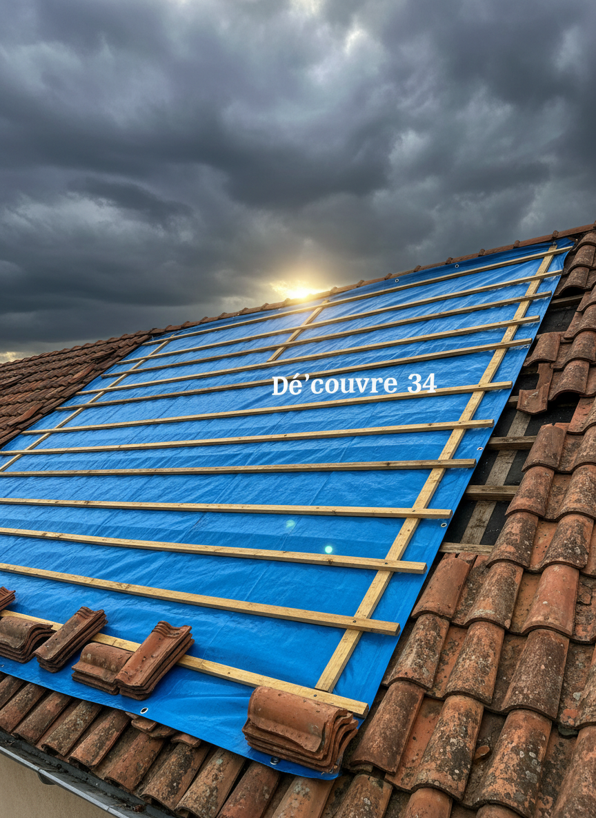 A realistic scene of an emergency roofing intervention depicted without any human presence: a section of roof covered temporarily with a bright blue waterproof tarp, tightly secured with wooden battens and weighted by spare tiles. The tarp contrasts strongly with the surrounding aged terracotta tiles, some of which are visibly cracked or displaced, hinting at storm damage. Dark, heavy clouds loom in the background sky, while a narrow beam of late-day light breaks through, illuminating the protected area and emphasizing a sense of urgency managed with professionalism. Shot from a slightly low angle looking up the slope of the roof, with moderate depth of field to keep both the tarp and the stormy sky in focus. The photographic realism and tense yet controlled atmosphere underline Dé'couvre 34’s responsiveness in urgent situations.