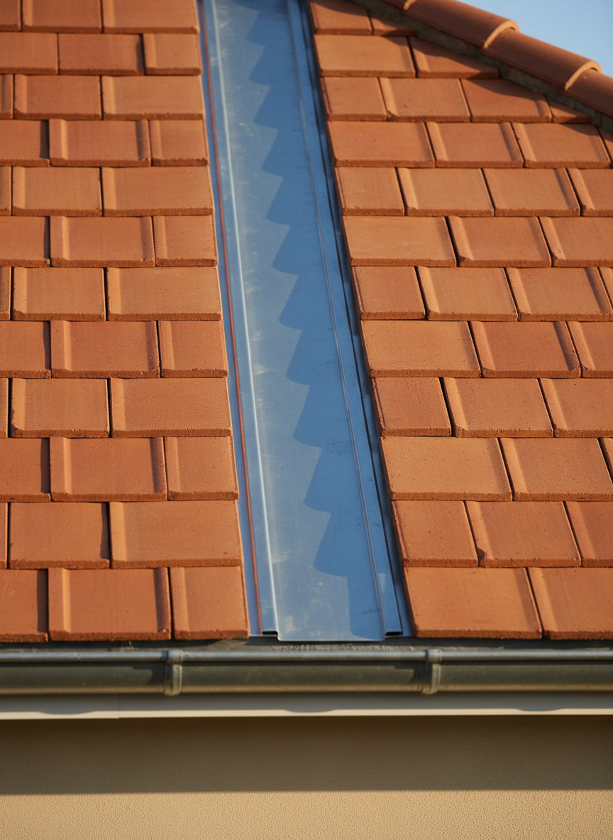 A meticulous close-up of a roof valley on a tiled house, where two slopes meet in a clean, perfectly aligned V-shape. High-quality terracotta tiles are precisely cut and fitted along a central strip of gleaming zinc flashing that guides water toward the gutter. Every tile edge appears smooth and properly overlapped, illustrating expert craftsmanship and attention to detail. Soft late-morning sunlight grazes the surface from the side, creating delicate shadows that reveal the relief of each tile and the subtle texture of the metal. The surrounding roof fades into a gentle blur, focusing the eye on the valley junction. The mood is technical yet aesthetically pleasing, captured in realistic photographic style to highlight the importance of correct roof details for long-lasting watertightness.