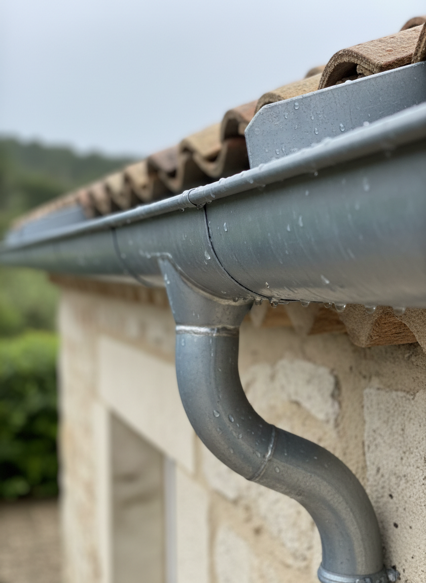 A close, detailed shot of a zinc roof drainage system on a traditional southern French house, showing a precisely soldered gutter junction, a downspout, and a cleverly integrated roof edge flashing. The zinc has a soft, matte grey patina with slight bluish reflections, indicating quality material and careful installation. Rainwater droplets bead and run along the gutter, reinforcing the idea of effective waterproofing. The light comes from a bright but cloudy sky, creating soft, uniform illumination with subtle highlights on the rounded edges of the metal. The background reveals a blurred hint of pale stone walls and Mediterranean vegetation. Photographed from a slightly low angle, with sharp focus on the junction and shallow depth of field. The atmosphere is technical yet reassuring, emphasizing reliability and attention to detail in roofing work.